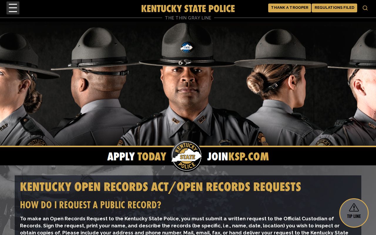 Kentucky State Police record request source for Hardin County registry questions